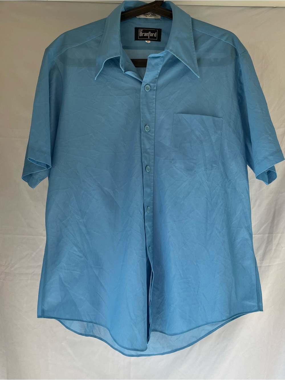 Vintage 1970’s Branford . Men’s Large. Blue Short-Sleeve Button-Up Shirt